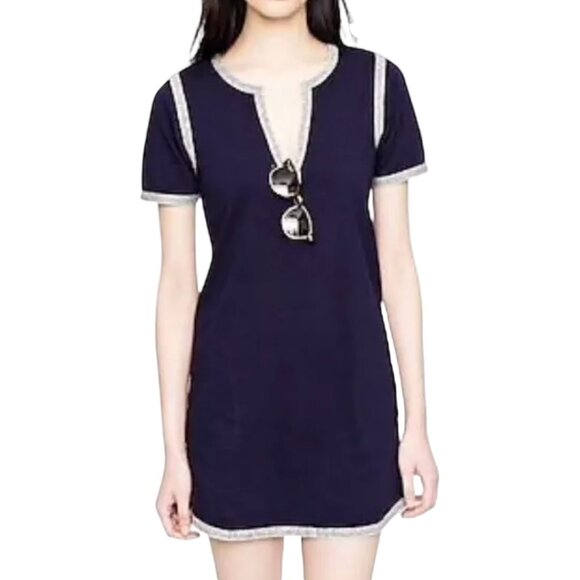 J. Crew Navy Blue Short Sleeve Casual Cotton Knit Mini Shift Dress Size Small - Picture 1 of 10